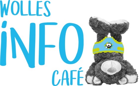 Wolle mit Windel und der Schriftzug Wolles Info Café