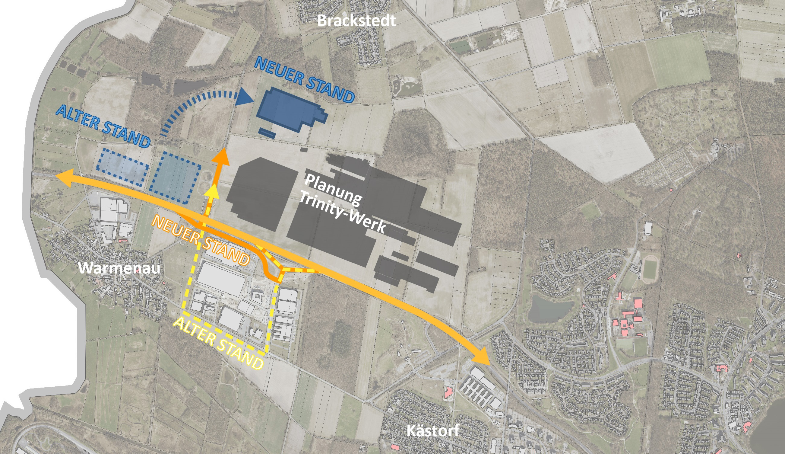 Auf der Grafik sehen Sie die beschriebenen Veränderungen der Planungen in Bezug auf den Supplier-Park (blau) und der Verkehrsführung (gelb/orange).