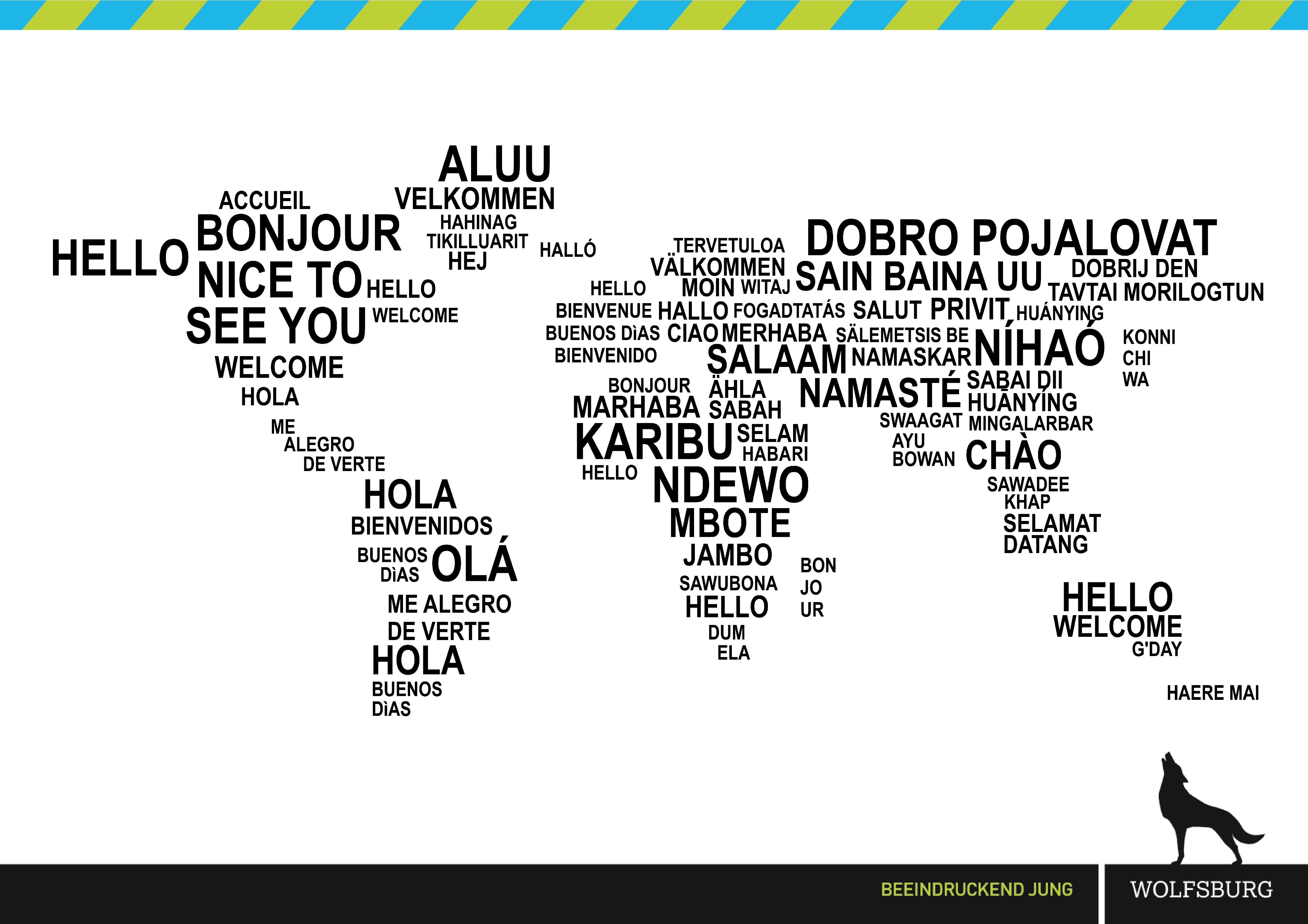 Weltkarte mit Willkommen in verschiedenen Sprachen