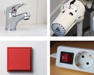Bildcollage aus Wasserhahn, Thermostat, Lichtschalter und Steckdosenleiste
