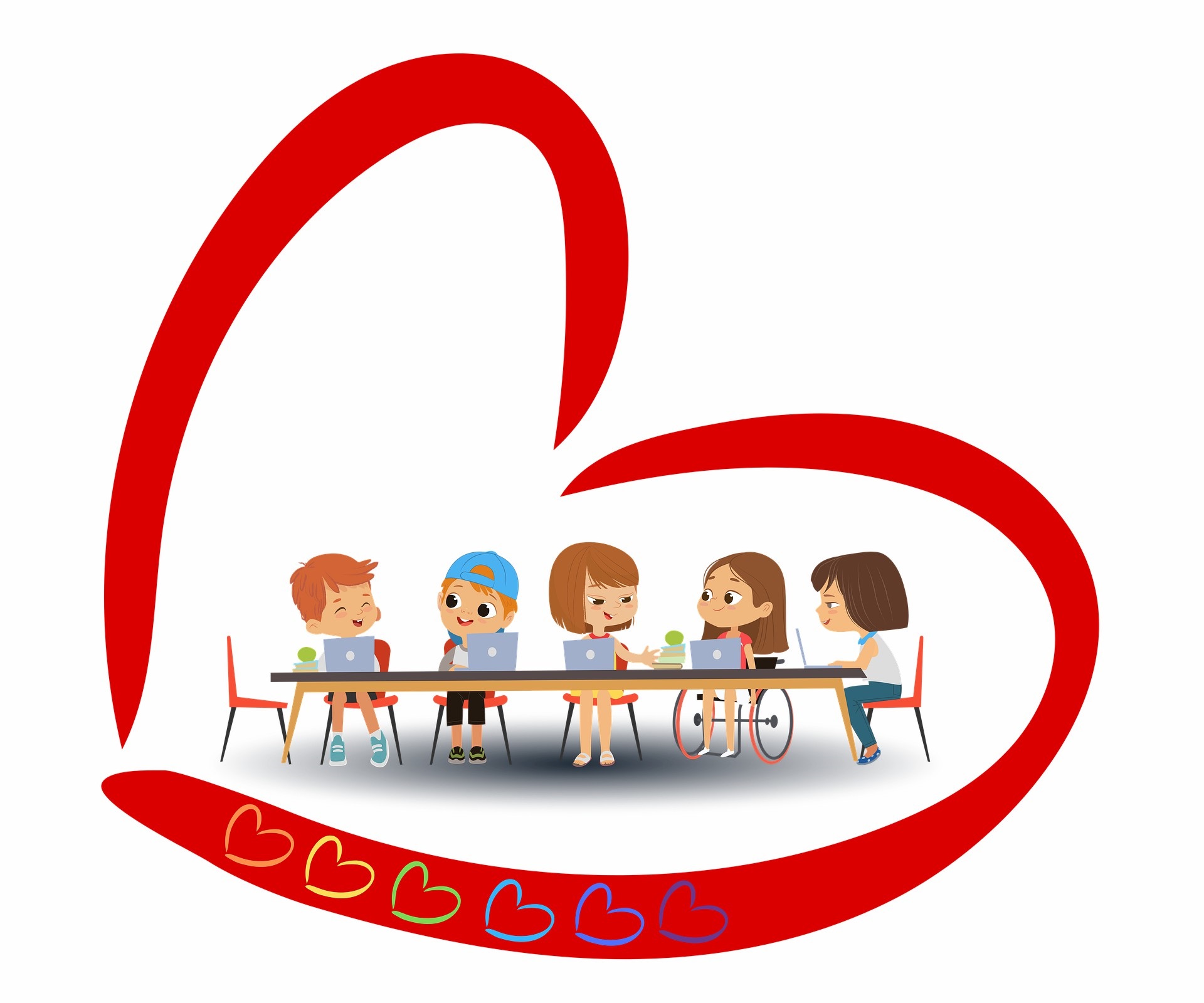 Fünf Kinder an einem Tisch in einem roten Herz