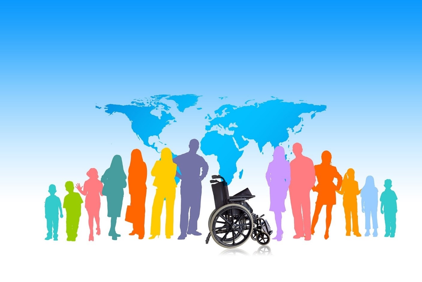 Eine Weltkarte mit symbolisierten bunten Menschen und einem Rollstuhl