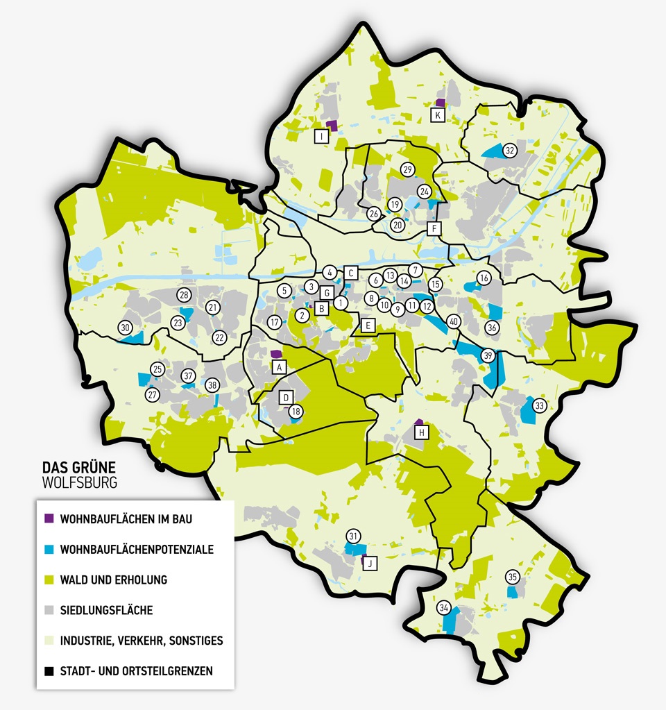 Karte zeigt die Verteilung der Grünflächen im Wolfsburger Stadtgebiet