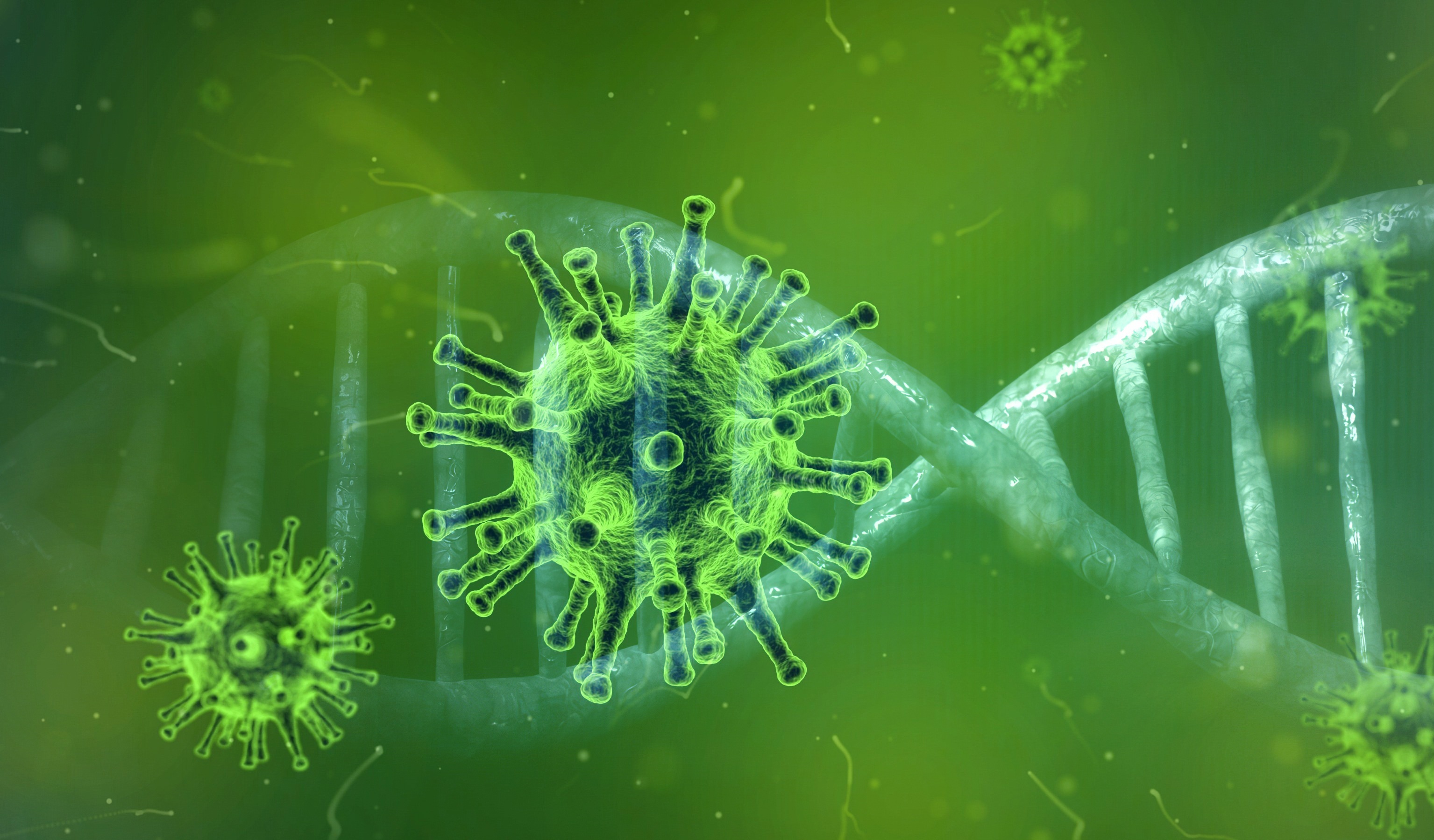 Virus und DNA-Strang auf grünem Hintergrund