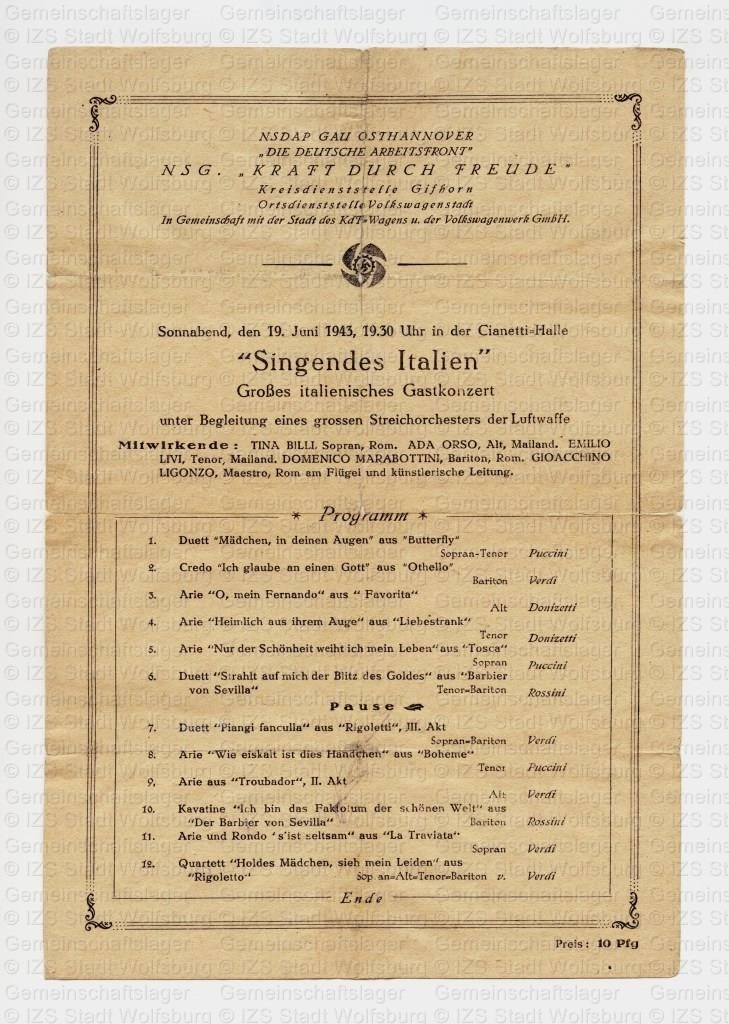 Konzertprogramm für den 19.06.1943 in der Cianetti-Halle aus StadtA Wob S 21