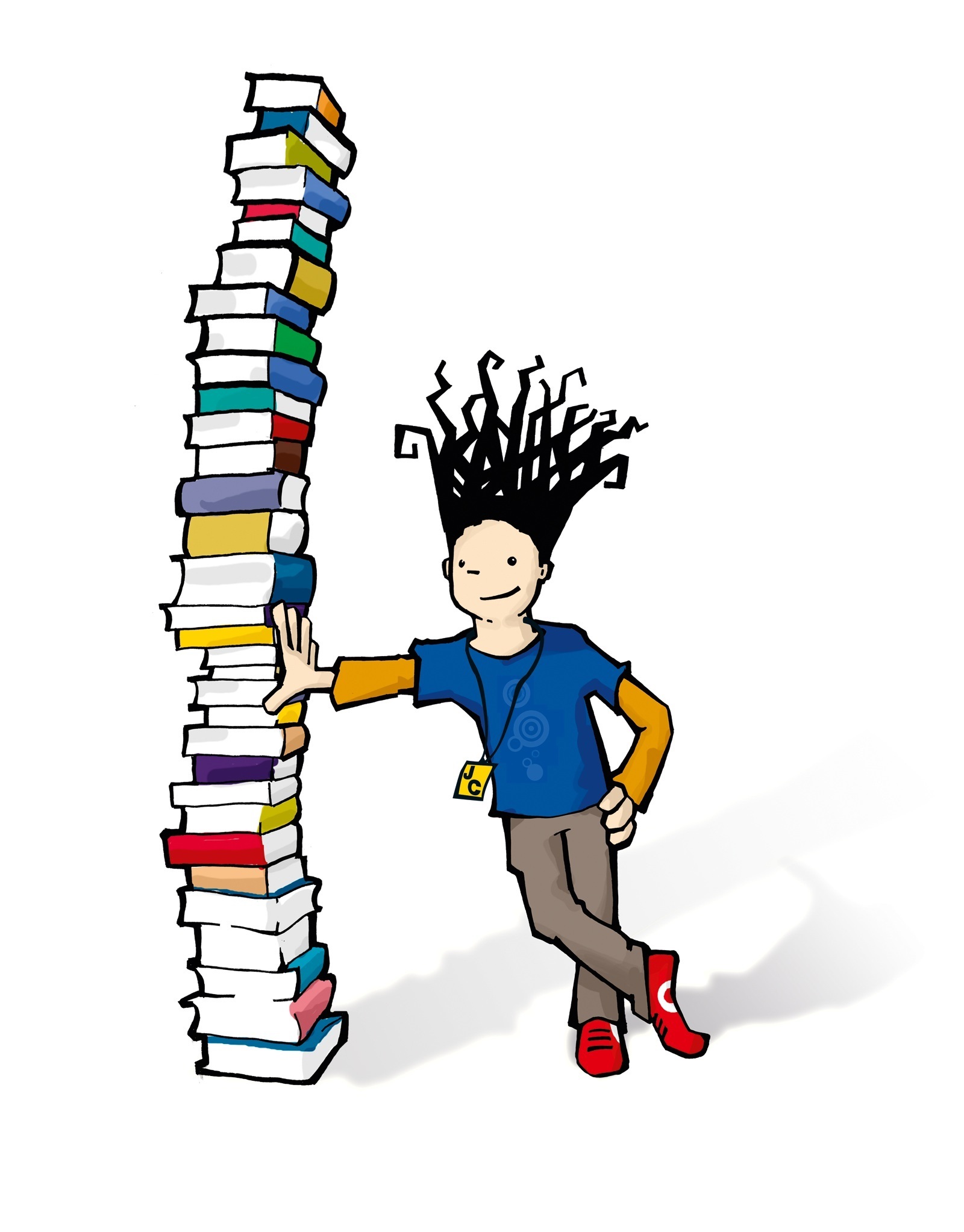 Julius lehnt an einem Stapel Bücher