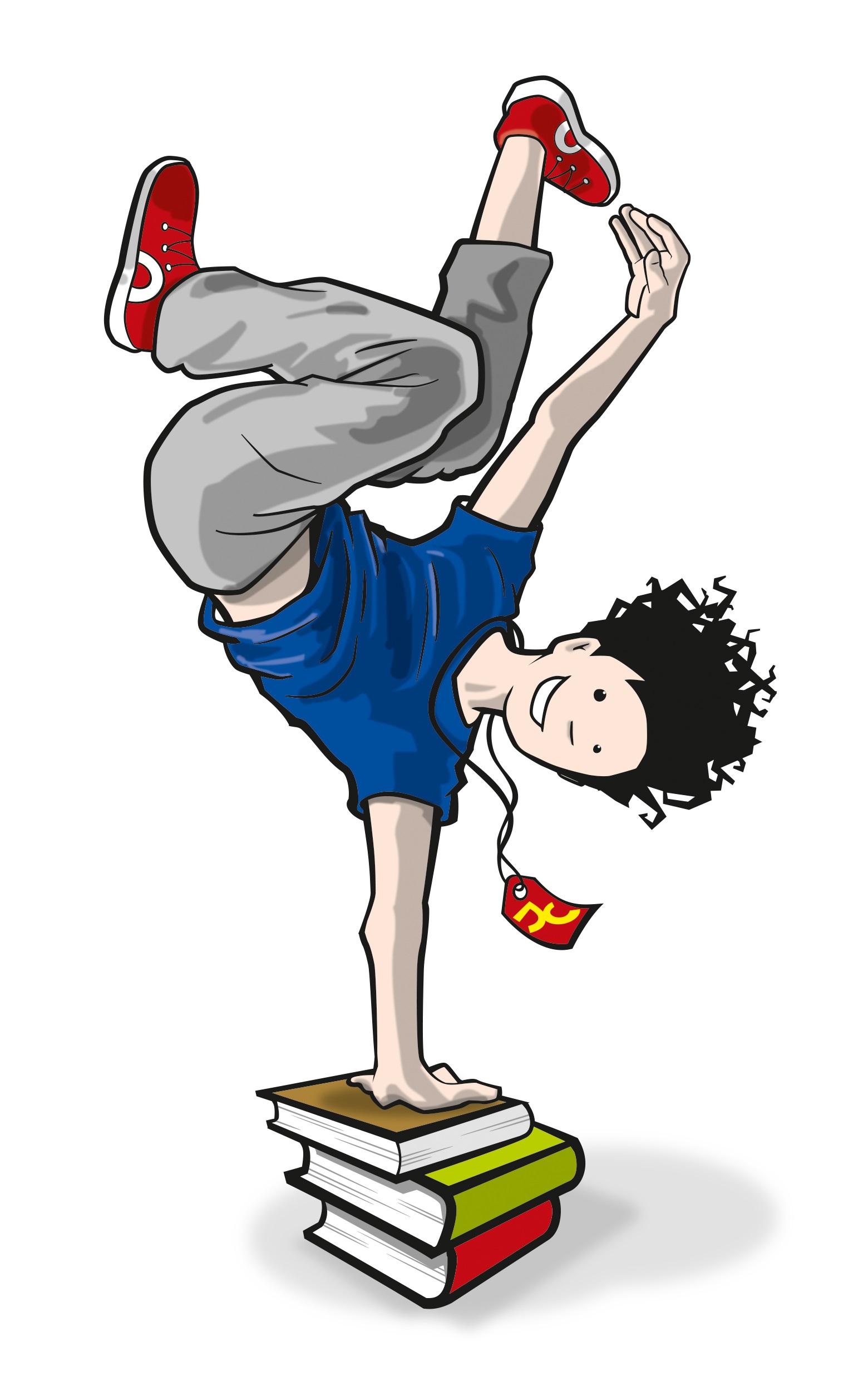 Julius beim Breakdance auf einem Bücherstapel