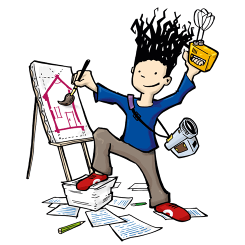 Julius malt ein Bild und hat einen Mixer in der Hand (Jan Paschetag, © VGH-Stiftung)