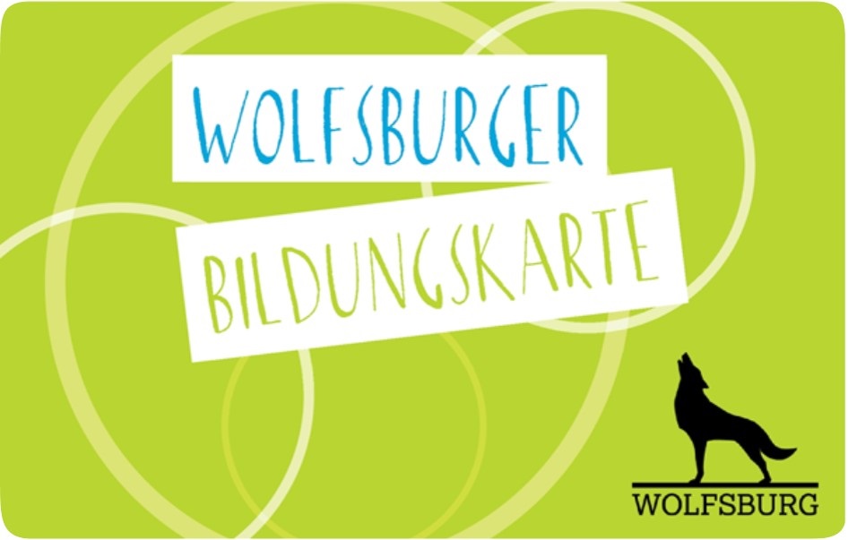 Grüne Grafik mit der Aufschrift "Wolfsburger Bildungskarte"
