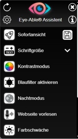 Das Menü der Assistenzsoftware Eye-Able