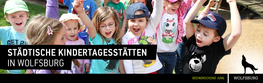 Jubelnde Kinder mit Text im Bild "Städtische Kindertagesstätten in Wolfsburg"