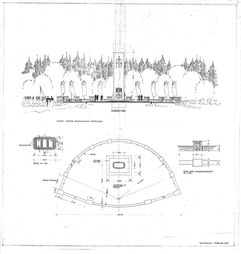 Entwurf für das geplante Ehrenmal auf dem Klieversberg, 1952; StadtA WOB, HA 1751, Bd. 2