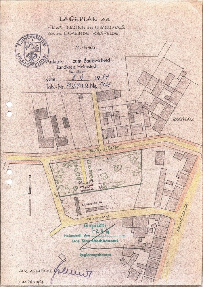 Lageplan des Ehrenmals von Architekt Willi Schmidt vom 8. September 1954; StadtA WOB, HA 10150