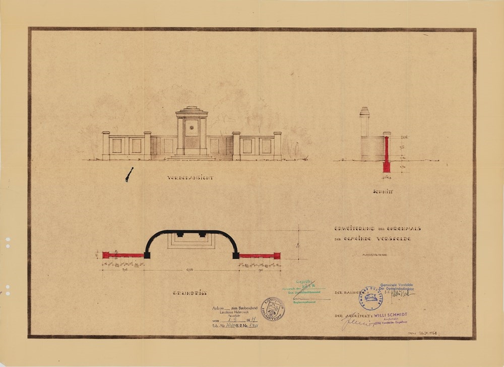 Eine technische Zeichnung des Architekten Willi Schmidt vom 8. September 1954 für den Ausbau des Ehrenmals; StadtA WOB, HA 10150
