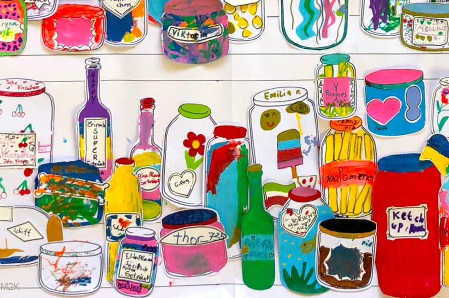 Colorful glass bottles and jars