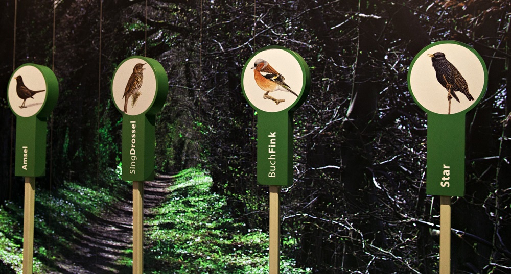 Eine Klanginstallation erfreut mit dem munteren Gezwitscher von Amsel, Drossel, Fink und Star aus dem Hoffmann’schen Kinderlied-Klassiker Alle Vögel sind schon da; Foto: Hoffmann-von-Fallersleben-Museum im M2K, Stadt Wolfsburg