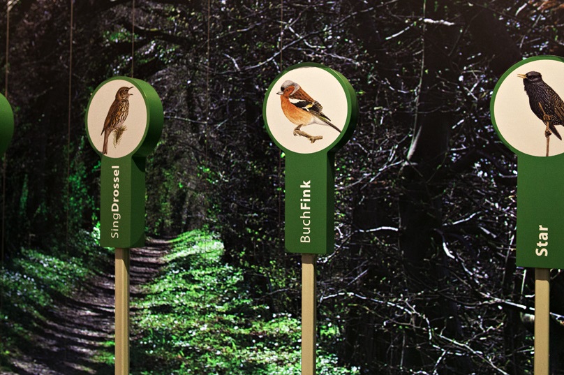 Eine Klanginstallation erfreut mit dem munteren Gezwitscher von Amsel, Drossel, Fink und Star aus dem Hoffmann’schen Kinderlied-Klassiker Alle Vögel sind schon da; Foto: Hoffmann-von-Fallersleben-Museum im M2K, Stadt Wolfsburg