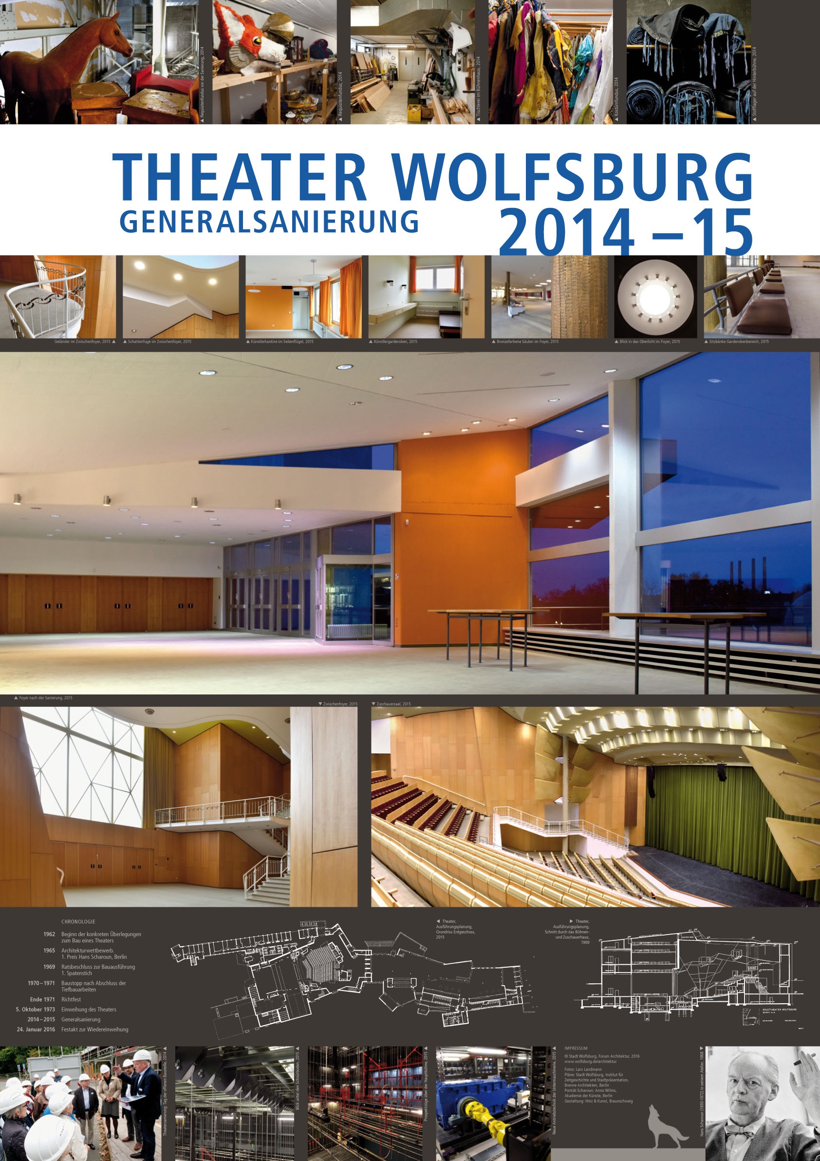 Plakat zur Theatersanierung mit verschiedenen Innenansichten und der Aufschrift: Theater Wolfsburg - Generalsanierung 2014-2015