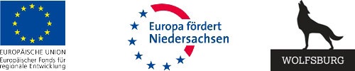 Die Sponsorenleiste zeigt das Logo der Europäischen Union, Europa fördert Niedersachen und der Stadt Wolfsburg