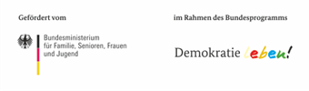 Schriftgrafik: Gefördert vom Bundesministerium für Familie, Senioren, Frauen und Jugend und im Rahmen des Bundesprogramms Demokratie leben