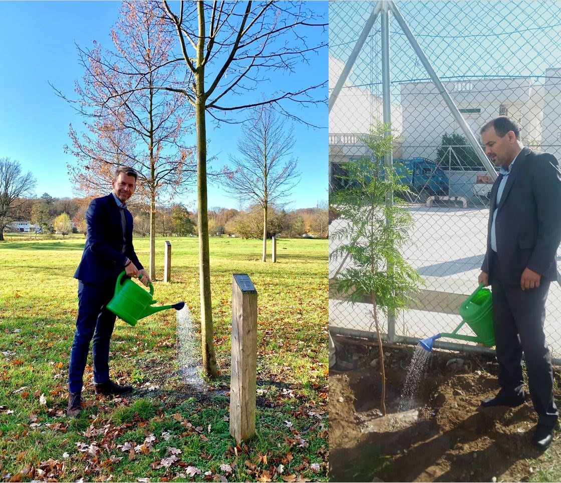 Wolfsburg's Lord Mayor Dennis Weilmann and Jendouba's Mayor Ammar Ayadi plant trees