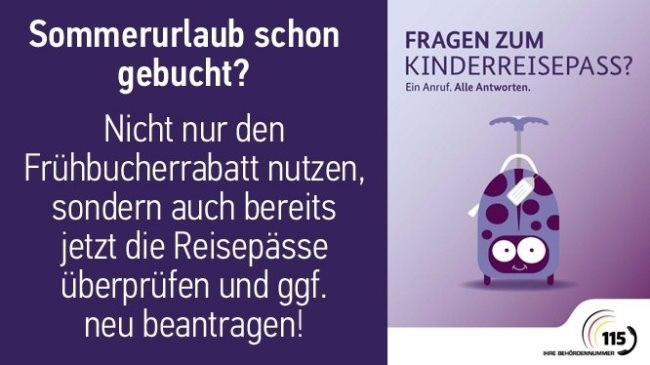 Plakat mit Hinweisen zu Reisepässen vor der Urlaubszeit