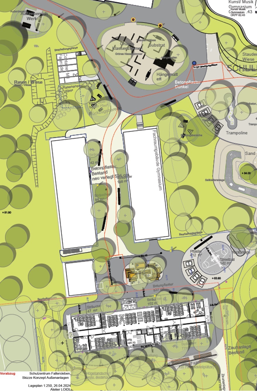 Site plan with outdoor facilities of the Fallersleben school center