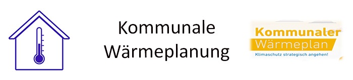 Ein Piktogramm mit einem Haus und einem Thermometer, der Schriftzug "Kommunale Wärmeplanung", und  das Logo des Kommunalen Wärmeplans