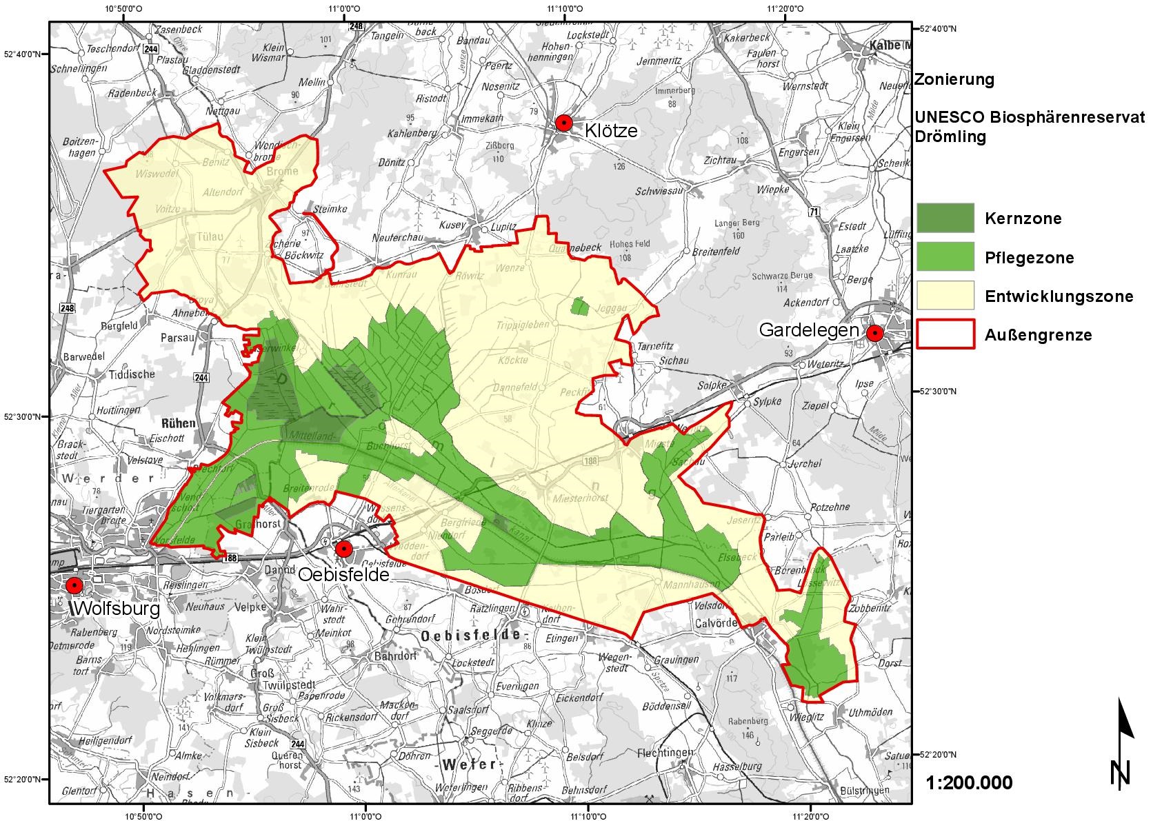 Map showing the zoning of the Drömling biosphere reserve; graphic: Drömling Biosphere Reserve Administration