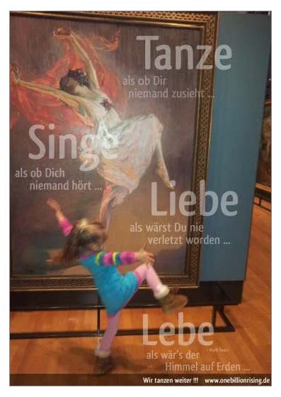 Postkartenmotiv zu one Billion Rising mit einem tanzenden Kind und den Schriftzügen Tanze, Singe, Liebe, Lebe