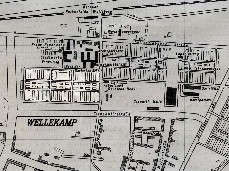 Lage des Kriegsgefangenen-/Straflager; Kartenauschnitt aus „Stadtplan eines Teilgebietes der Stadt des KdF-Wagens“; 1941