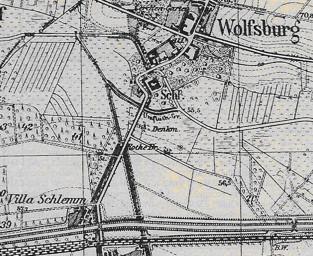 Kartenausschnitt Fallerslebens mit Denkmalstandort aus dem Jahr 1941
