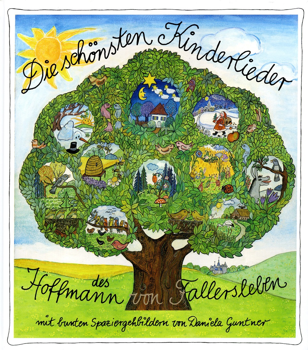 Ein gemaltes Plakat mit einem Baum und der Aufschrift "Die schönsten Kinderlieder"