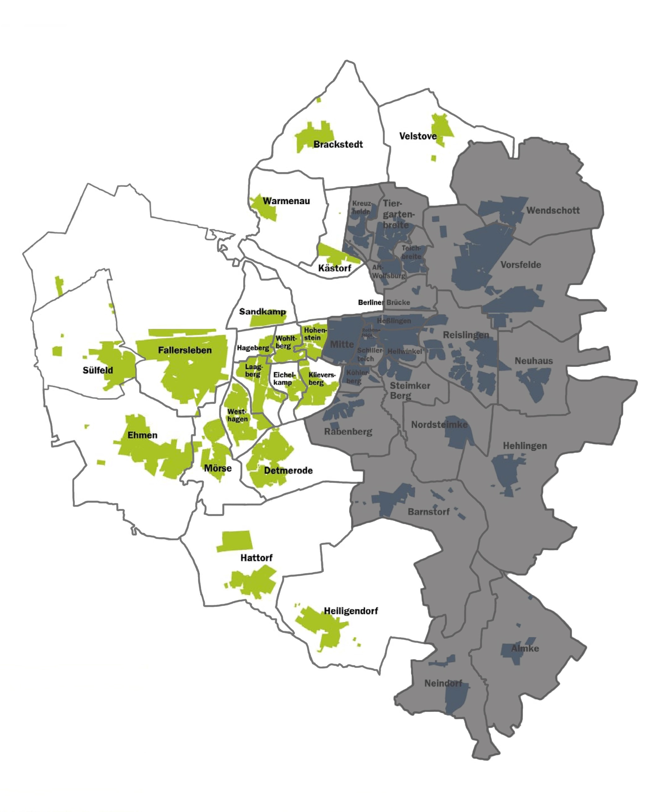 Karte zeigt den Grundriss des Wolfsburger Stadtgebietes