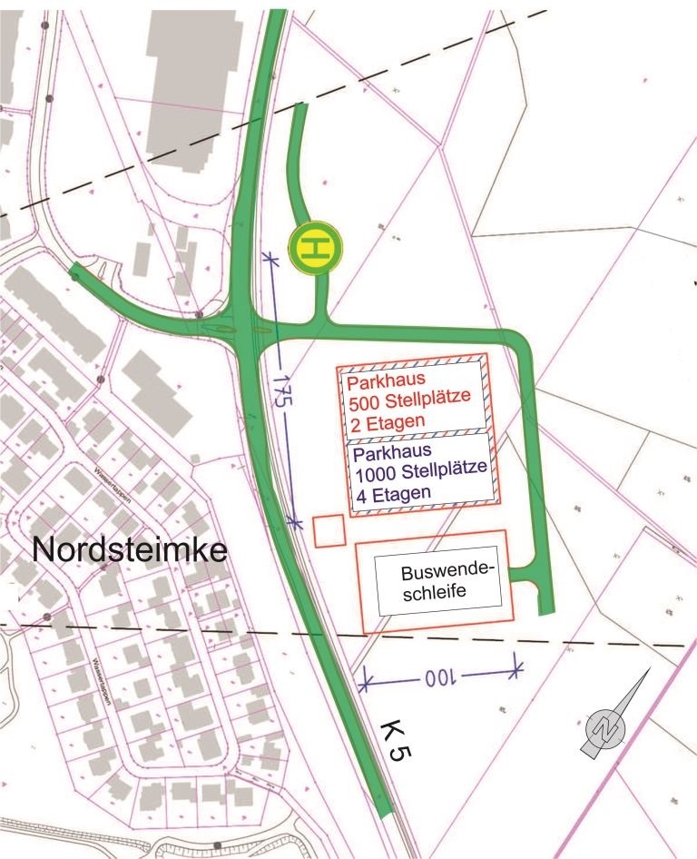 Karte mit Darstellung der P+R Variante für den Standort in Nordsteimke