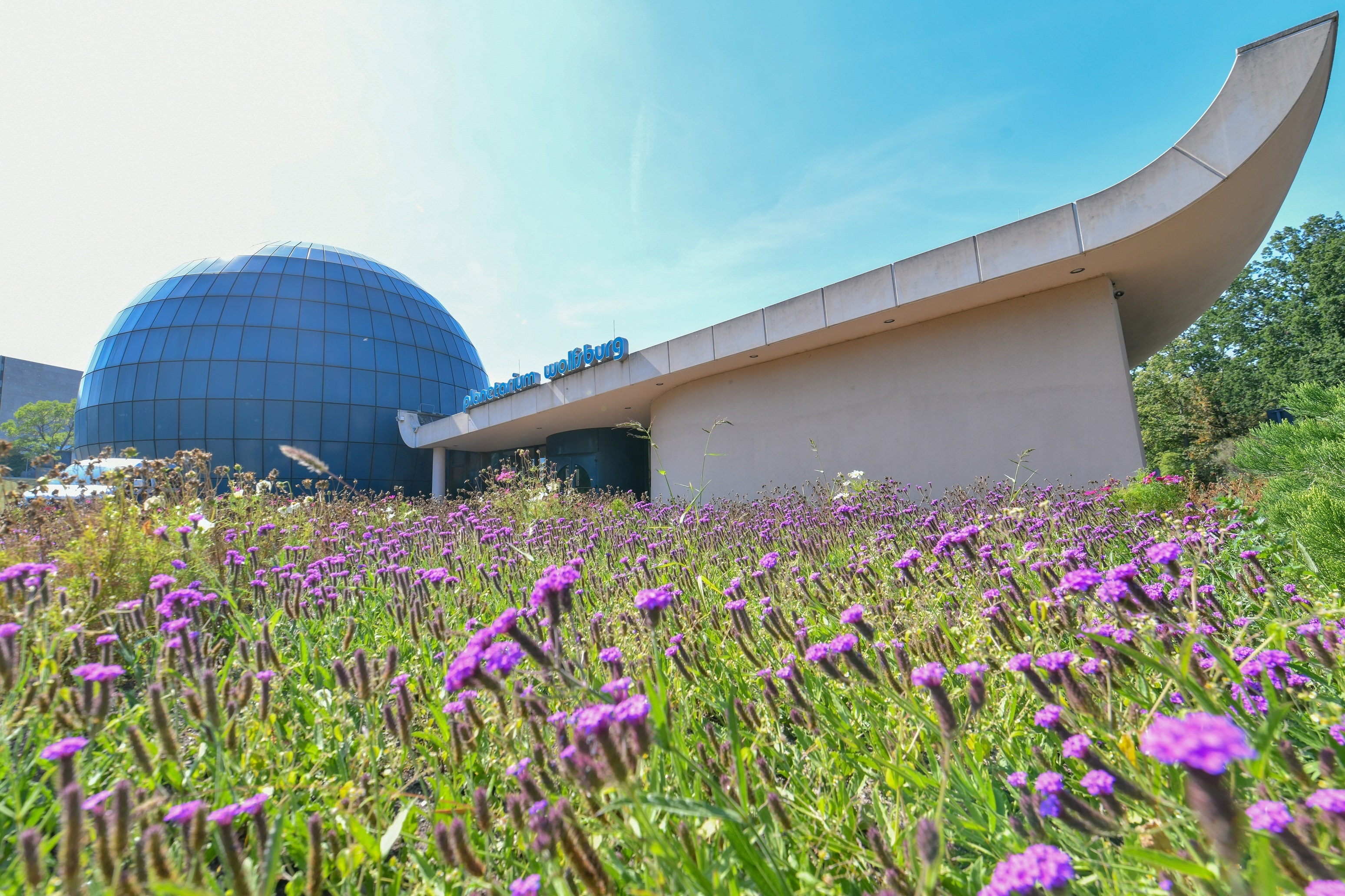 Außenansicht des Planetarium Wolfsburg an einem sommerlichen Tag mit Blumenwiese
